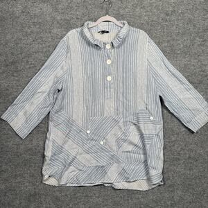 John Mark Size Large Striped Tunic Top Gray White Nylon Blend Pocket 3/4 Sleeve